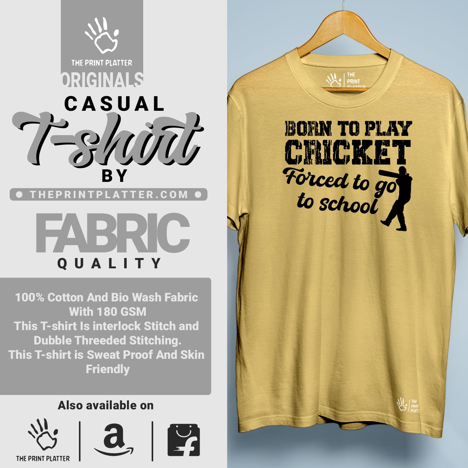 Born To Play Cricket, Forced To Go To School  Cotton Bio Wash 180gsm T-shirt | T-R163