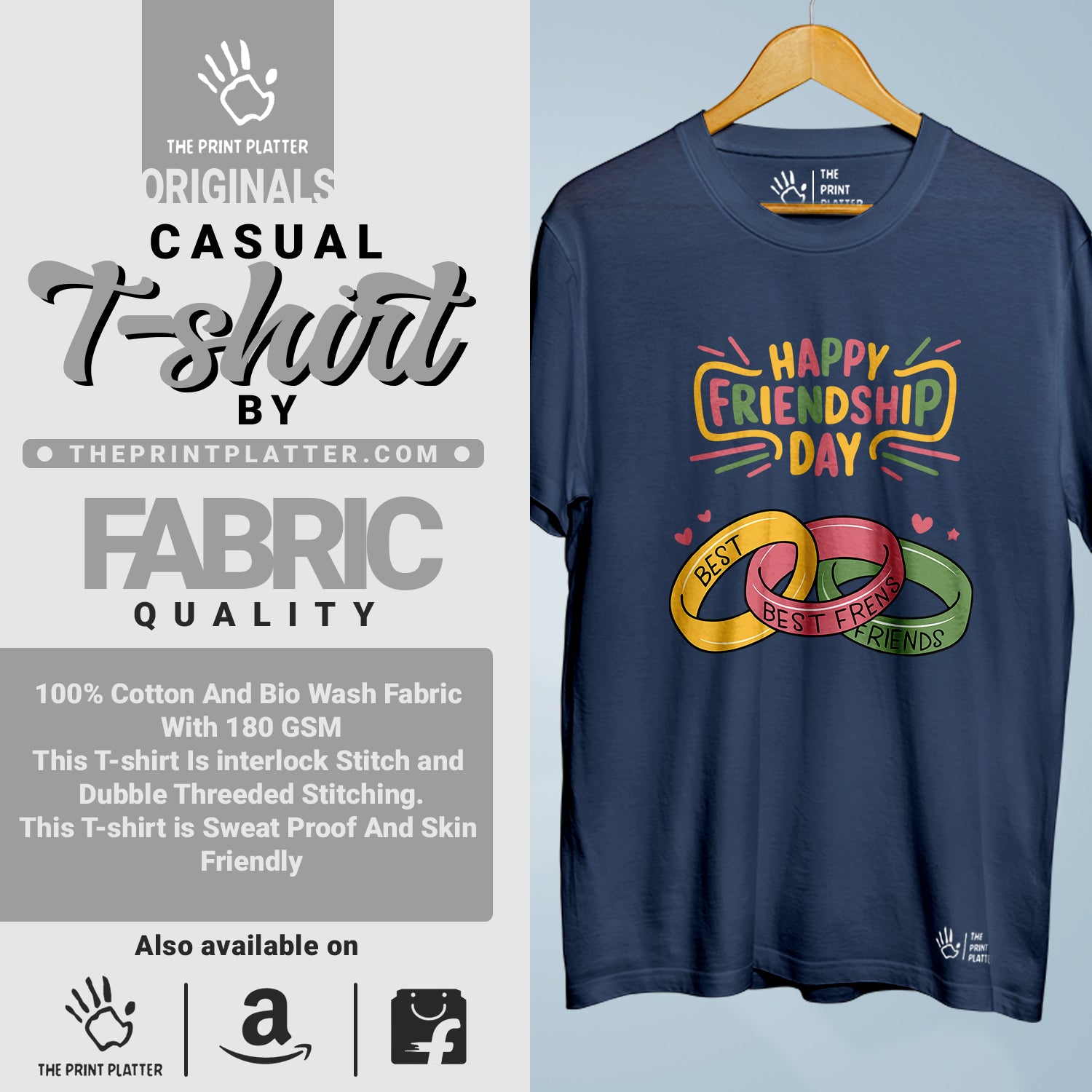 Happy Friendship Day Cotton Bio Wash 180gsm T-shirt | T-R302