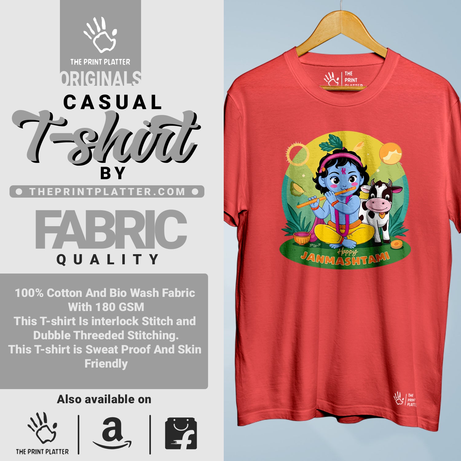 Happy Janmashtami Cotton Bio Wash 180gsm T-shirt | T-R326