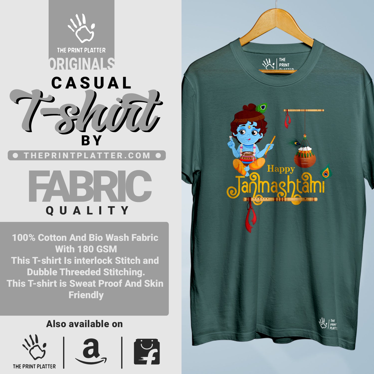 Happy Janmashtami Cotton Bio Wash 180gsm T-shirt | T-R331