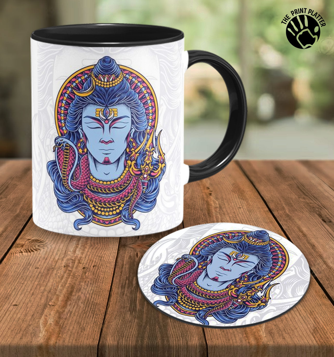 Shiv Dhyaan Inside Black Ceramic Coffee Mug With Tea Coaster 330 ml, Microwave & Dishwasher Safe| TM-02