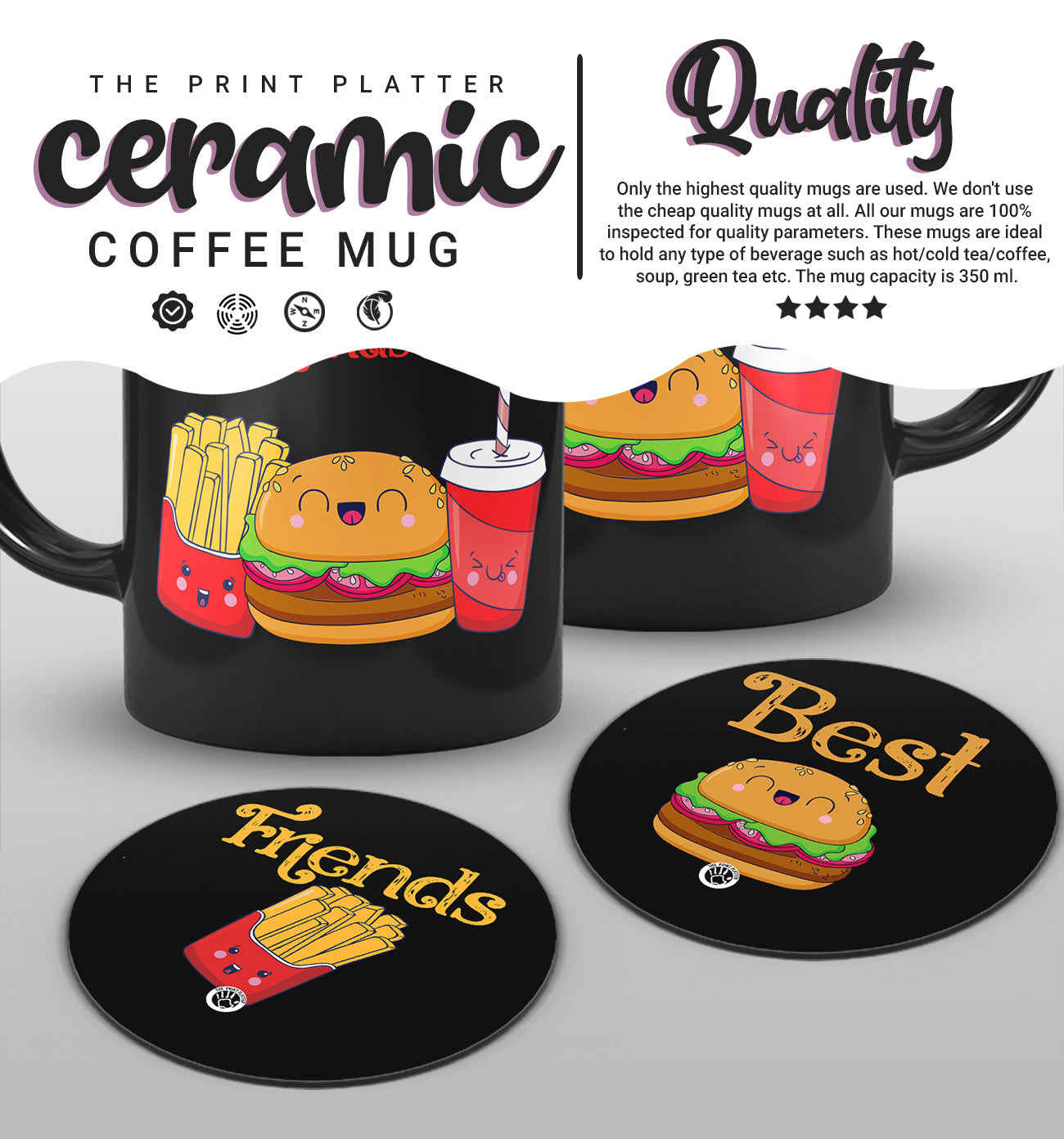 Best Friends Forever Full Black cermic Coffee Mug With Tea Coster 330 ml, Microwave & Dishwasher Safe Pack Of 2| TM-05 Dubble