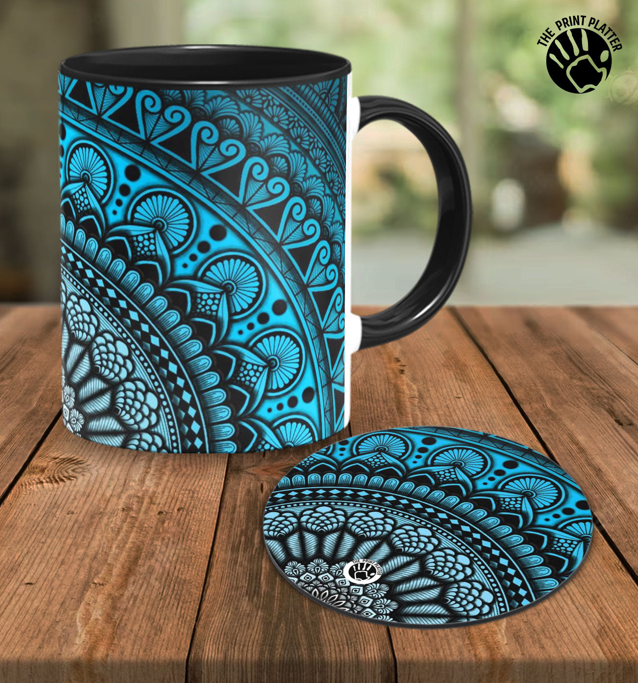 Blue Mandala Inside Black Ceramic Coffee Mug With Tea Coaster 330 ml, Microwave & Dishwasher Safe| TM-05