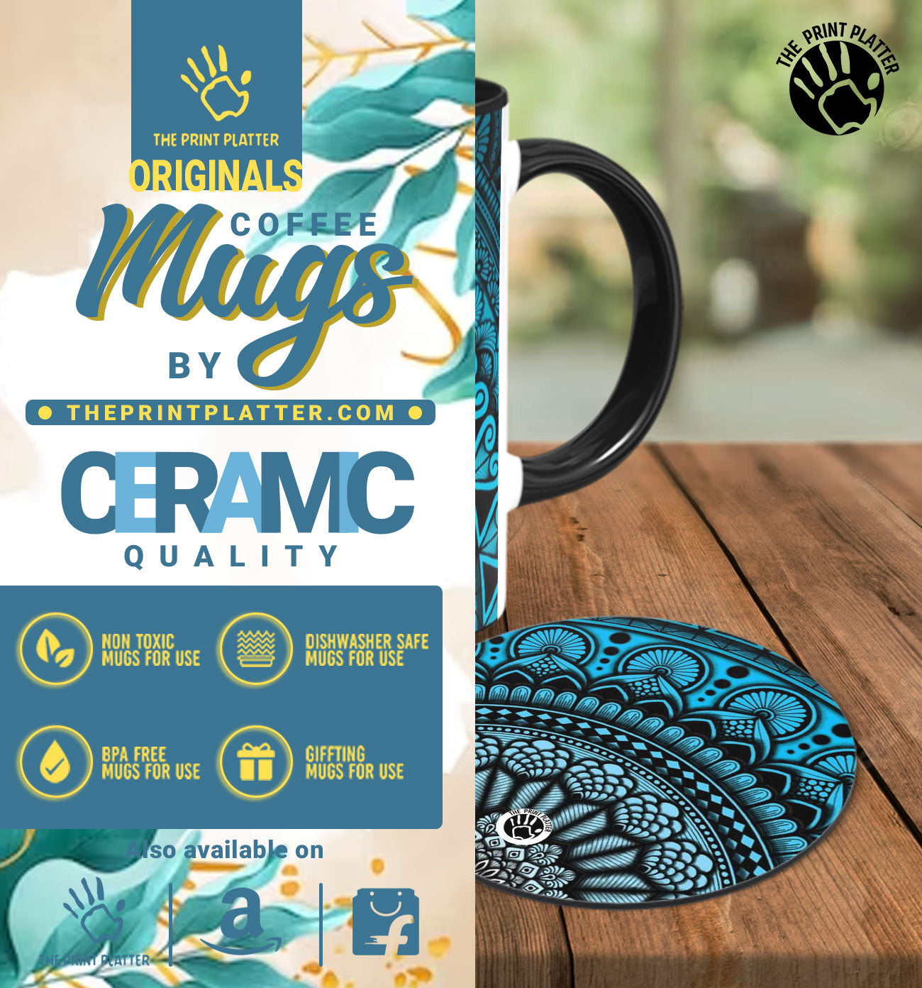 Blue Mandala Inside Black Ceramic Coffee Mug With Tea Coaster 330 ml, Microwave & Dishwasher Safe| TM-05