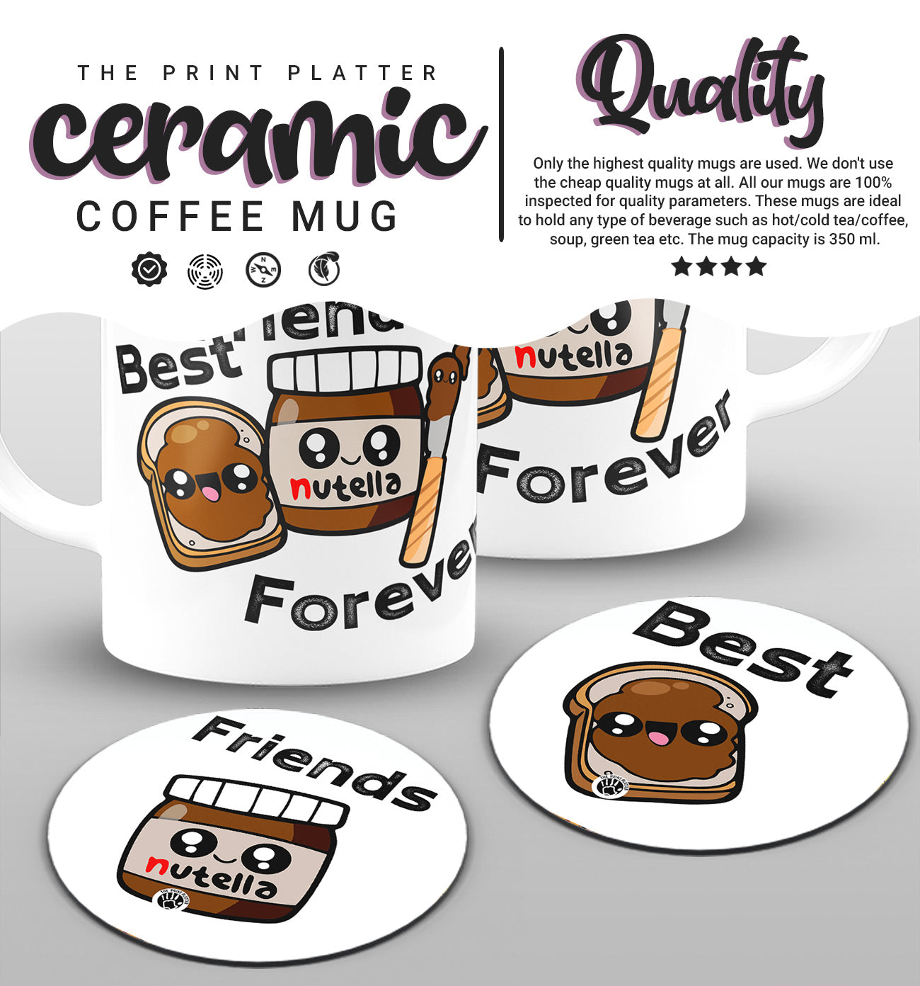 Best Friends Forever White cermic Coffee Mug With Tea Coster 330 ml, Microwave & Dishwasher Safe Pack Of 2 | TM-06 Dubble