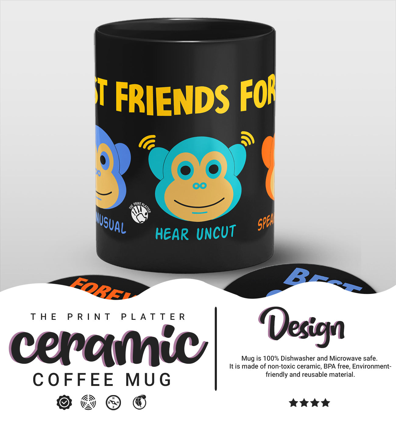 Best Friends Forever Full Black cermic Coffee Mug With Tea Coster 330 ml, Microwave & Dishwasher Safe | TM-07-1