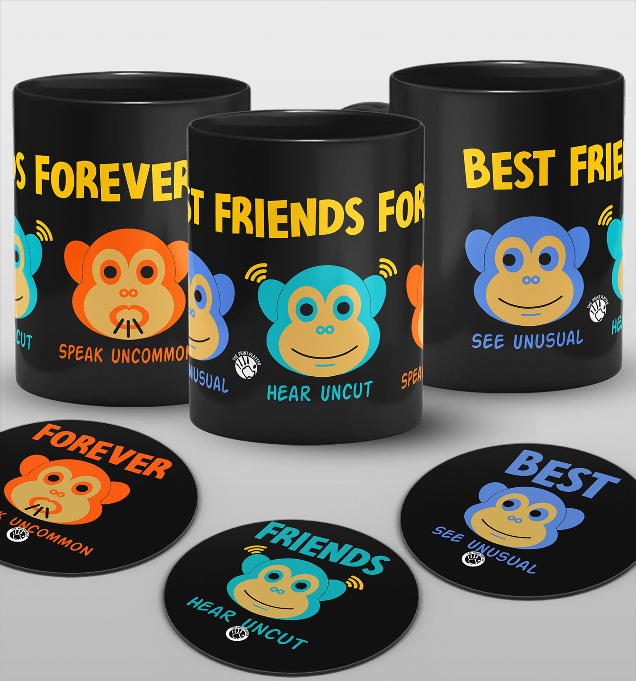 Best Friends Forever Full Black cermic Coffee Mug With Tea Coster 330 ml, Microwave & Dishwasher Safe Pack Of 3 | TM-07-3