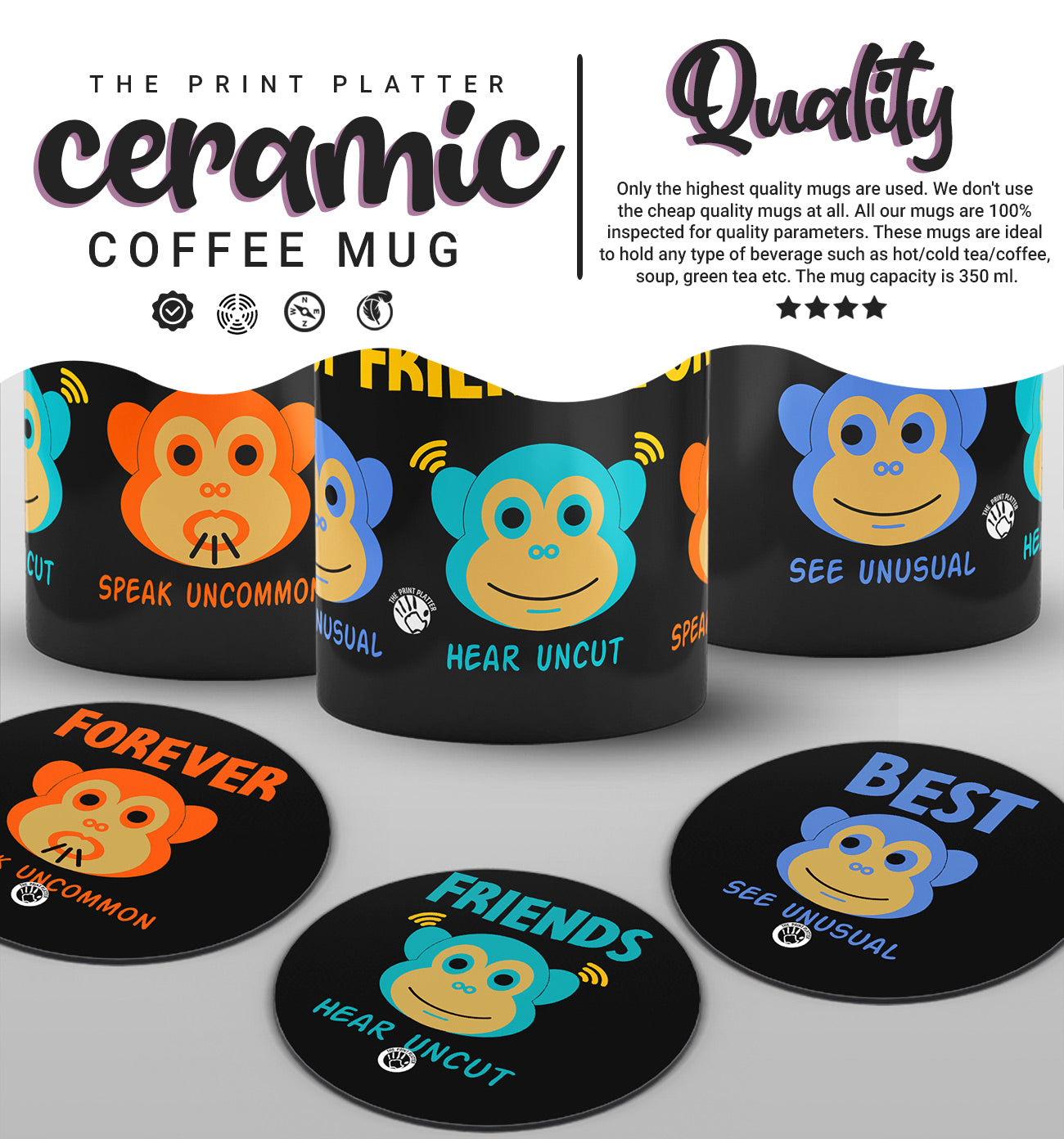 Best Friends Forever Full Black cermic Coffee Mug With Tea Coster 330 ml, Microwave & Dishwasher Safe Pack Of 3 | TM-07-3