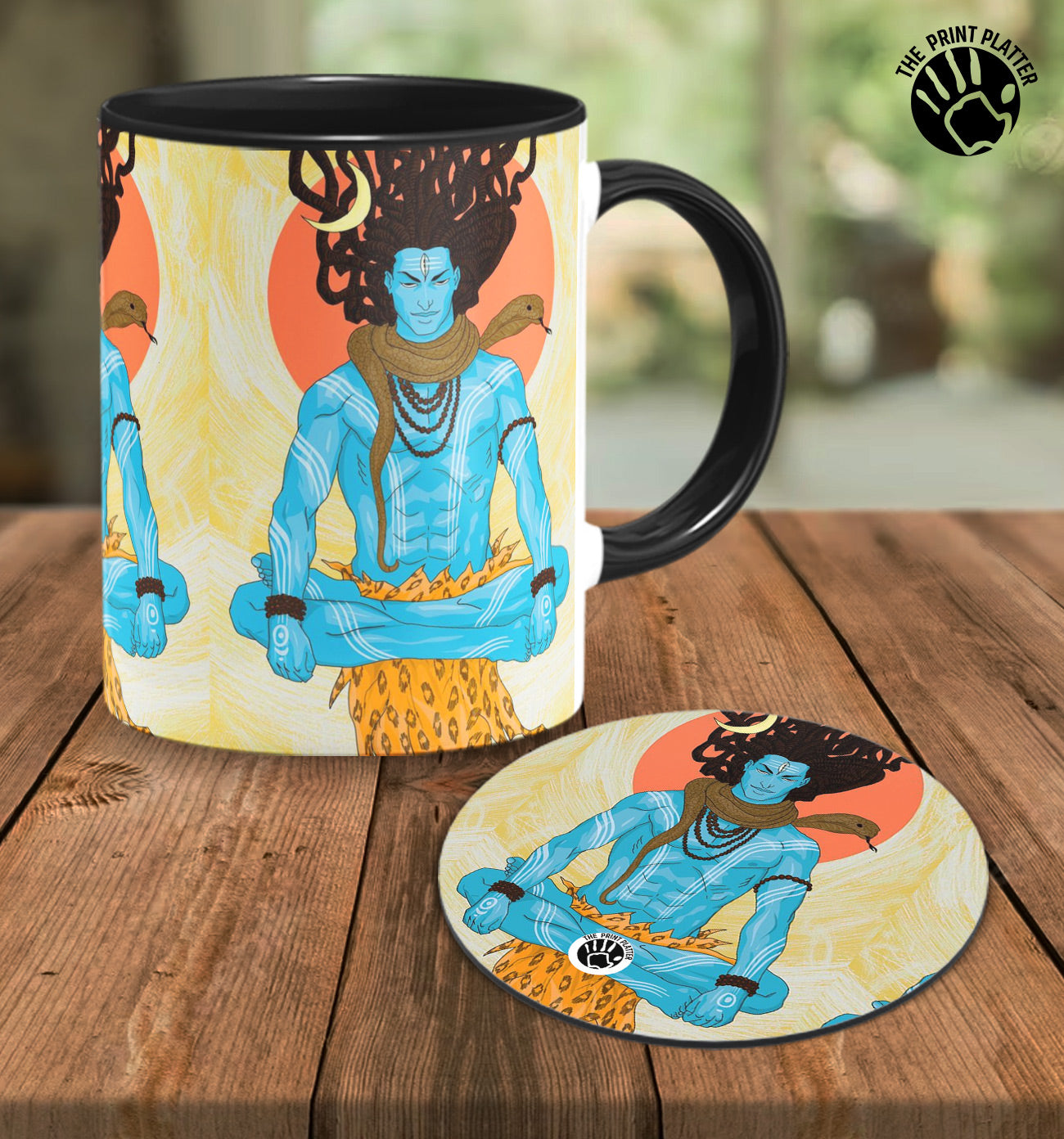 DhyaanYog Inside Black Ceramic Coffee Mug With Tea Coaster 330 ml, Microwave & Dishwasher Safe| TM-07