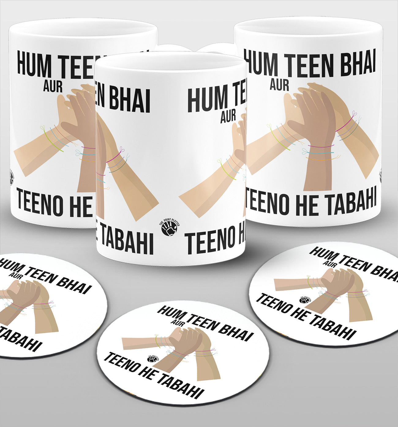 Hum Teen Bhai Or Teeno He Tabahi White cermic Coffee Mug With Tea Coster 330 ml, Microwave & Dishwasher Safe Pack Of 3 | TM-11-2