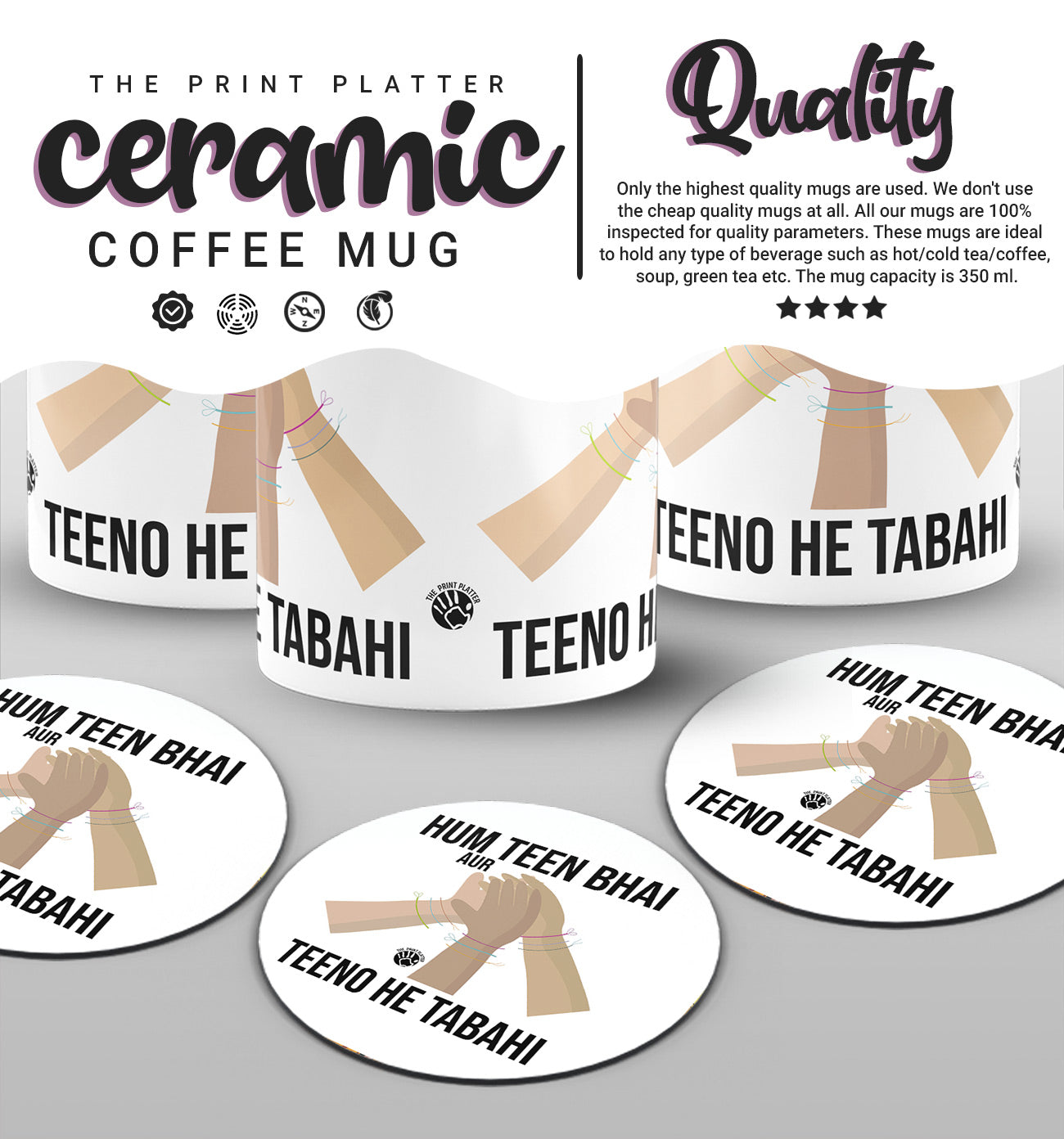 Hum Teen Bhai Or Teeno He Tabahi White cermic Coffee Mug With Tea Coster 330 ml, Microwave & Dishwasher Safe Pack Of 3 | TM-11-2