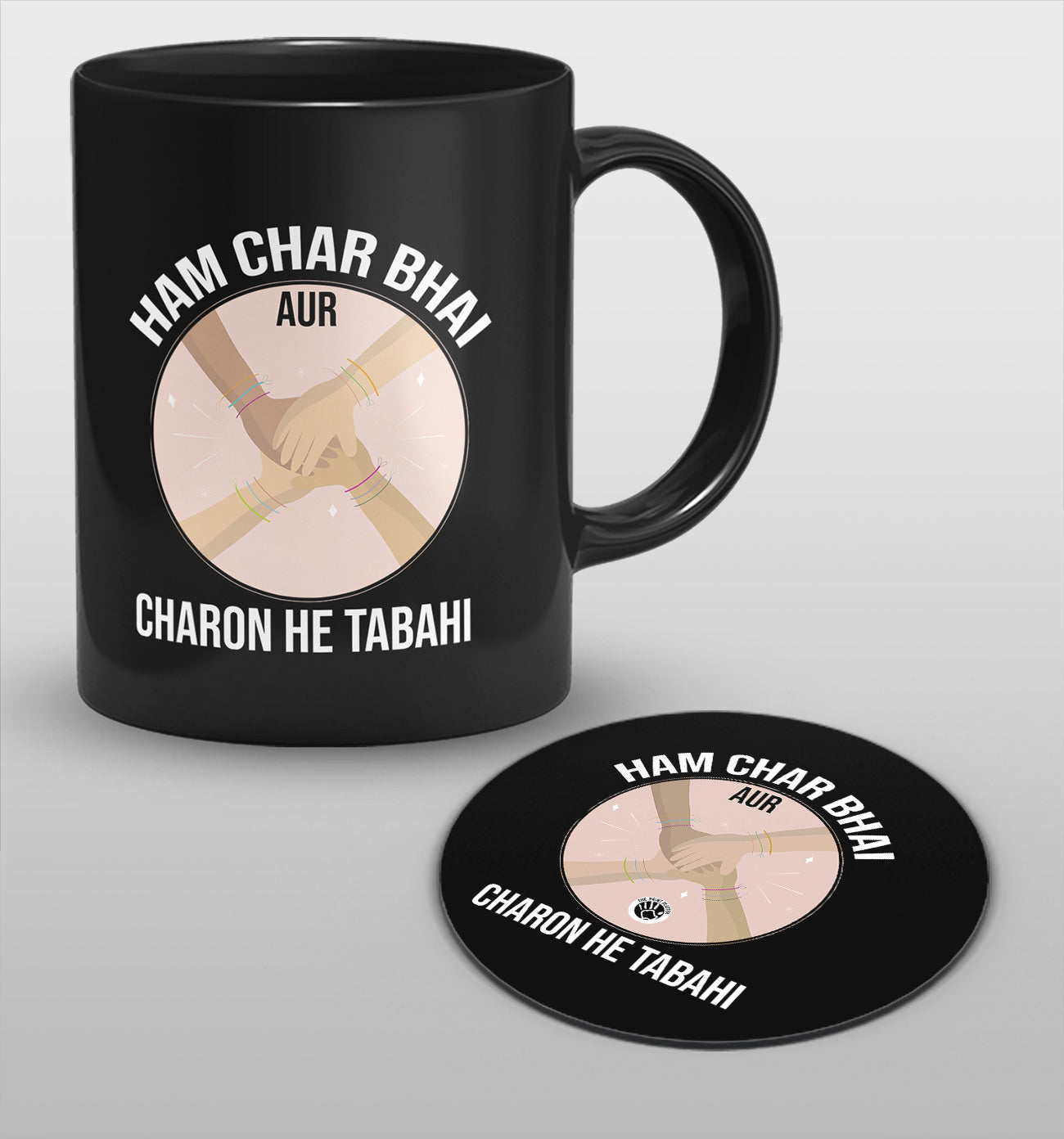 Hum Char Bhai aur Charon hi Tabahi Full Black Cermic Coffee Mug 330 ml, Microwave & Dishwasher Safe | CM-12