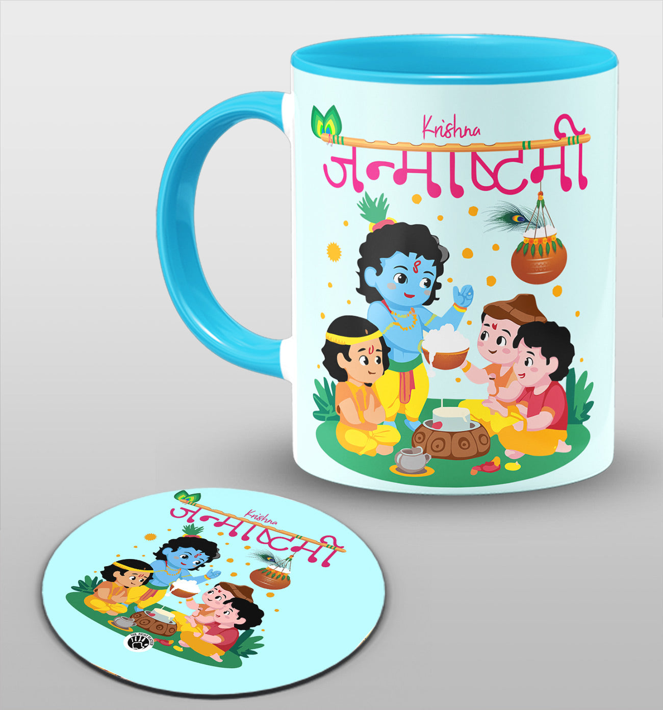 Krishna Janmashtami Inside Syk Blue Cermic Coffee Mug With Tea Coster 330 ml, Microwave & Dishwasher Safe | TM-17