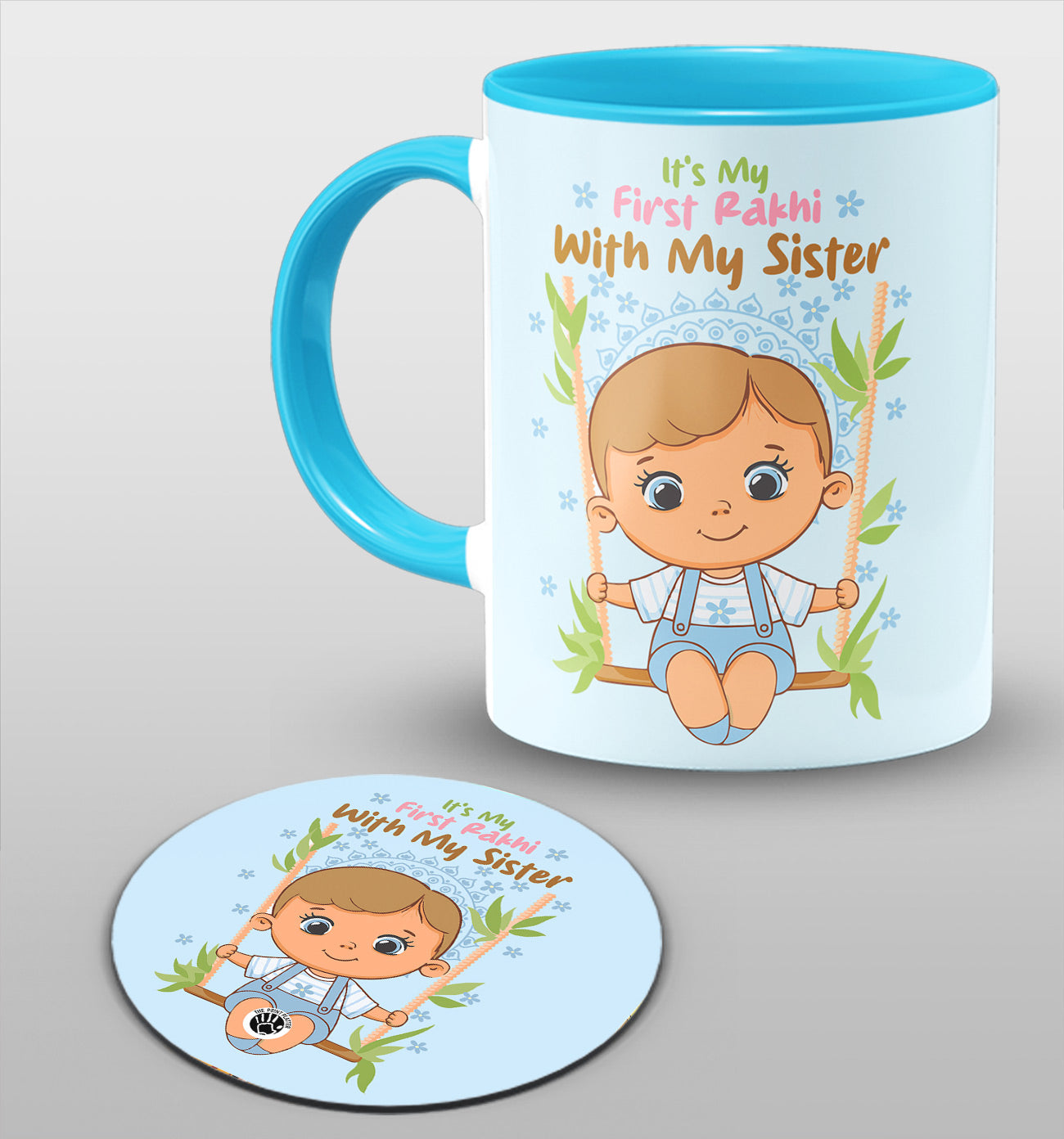 It's My First Rakhi With My Sister Inside Syk Blue Cermic Coffee Mug With Tea Coster 330 ml, Microwave & Dishwasher Safe | TM-18