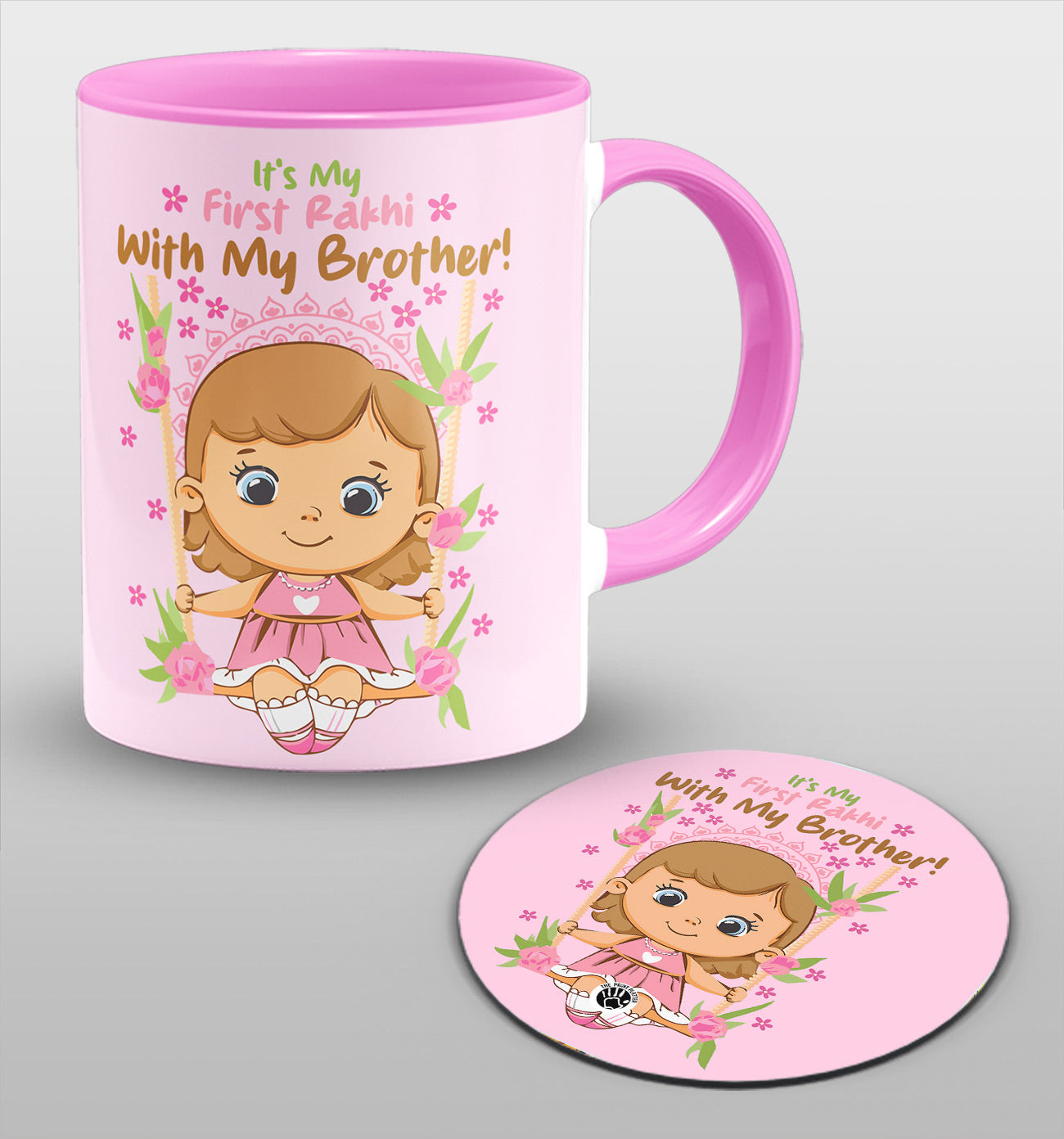 It's My First Rakhi With My Brother Inside Pink Cermic Coffee Mug With Tea Coster 330 ml, Microwave & Dishwasher Safe | TM-18