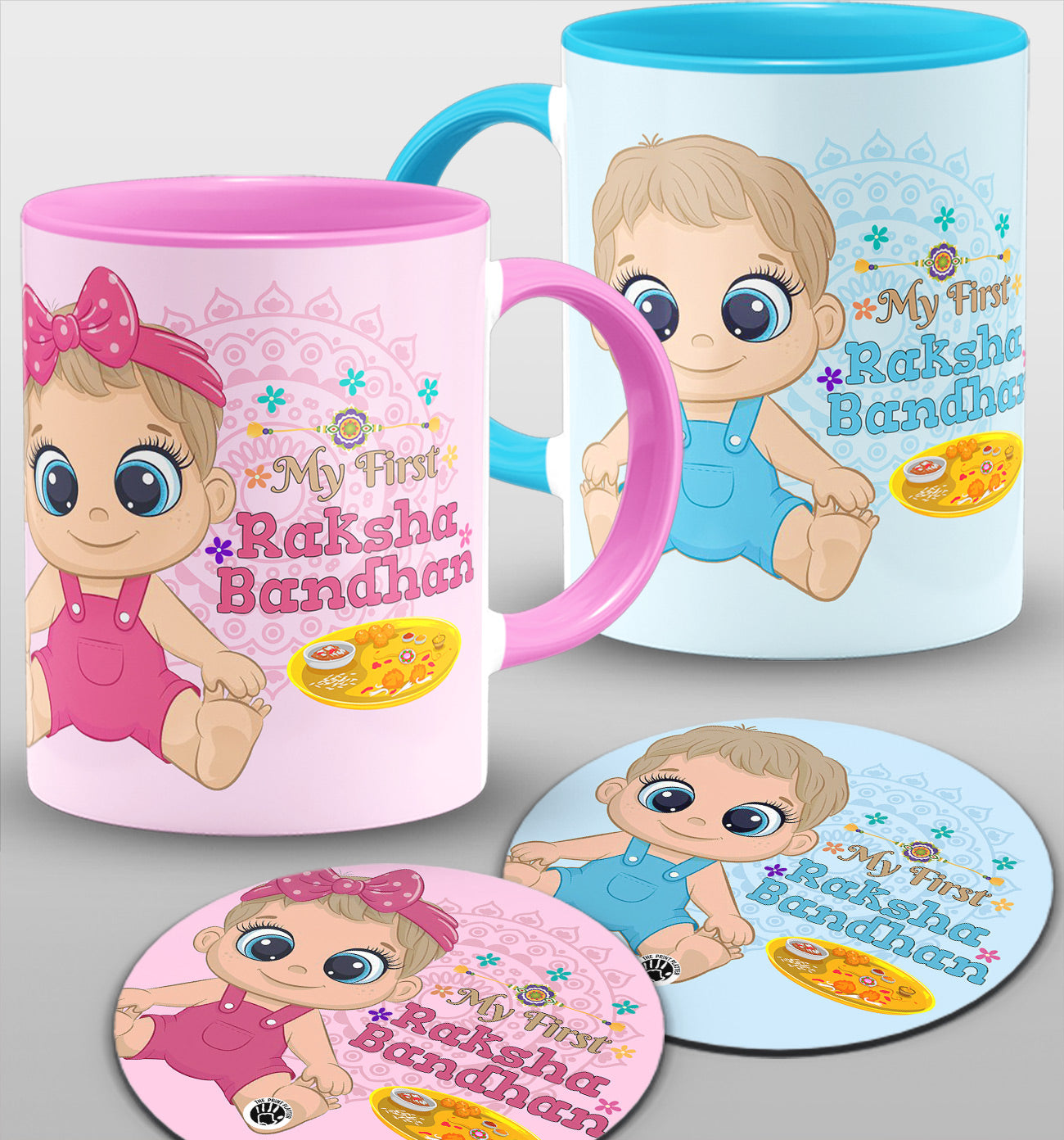 My First Raksha Bandhan Inside Sky Blue & Pink Cermic Coffee Mug With Tea Coster 330 ml, Microwave & Dishwasher Safe Pack Of 2 | TM-19