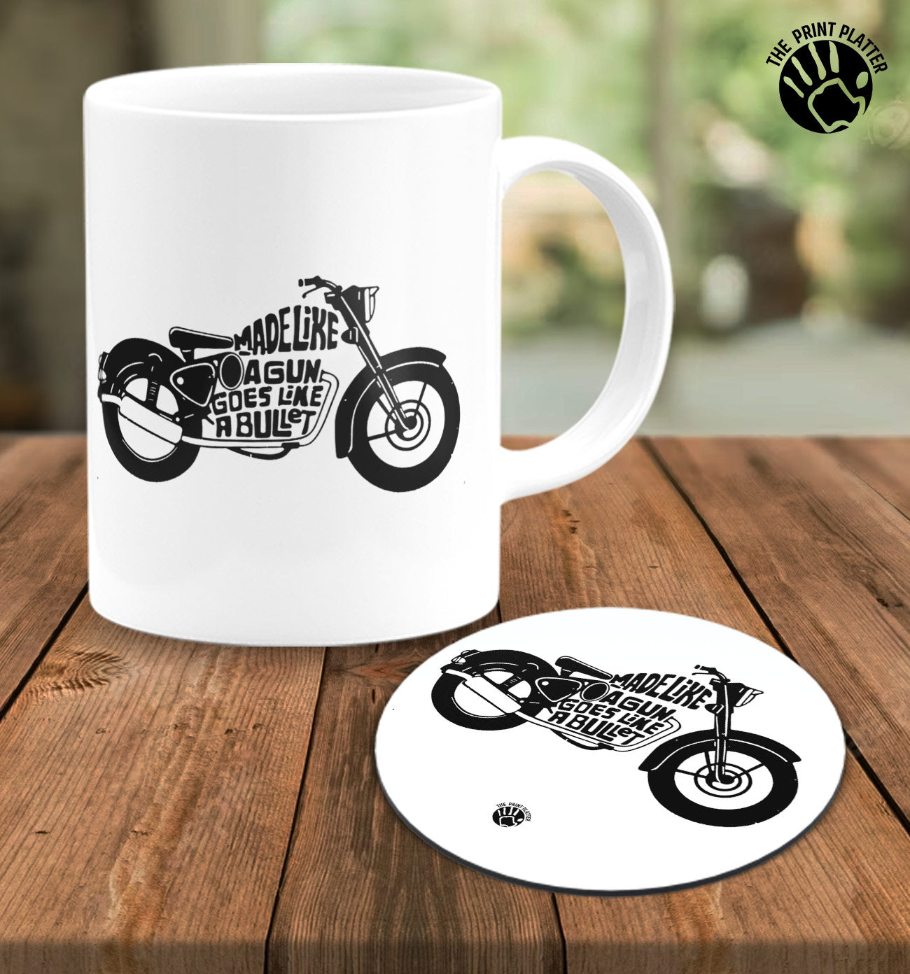 Made Like a Gun Goes Like a Bullet White Cermic Coffee Mug With Tea Coster 330 ml, Microwave & Dishwasher Safe| TM-R135