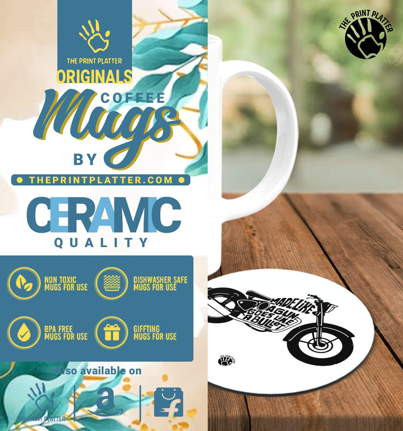 Made Like a Gun Goes Like a Bullet White Cermic Coffee Mug With Tea Coster 330 ml, Microwave & Dishwasher Safe| TM-R135