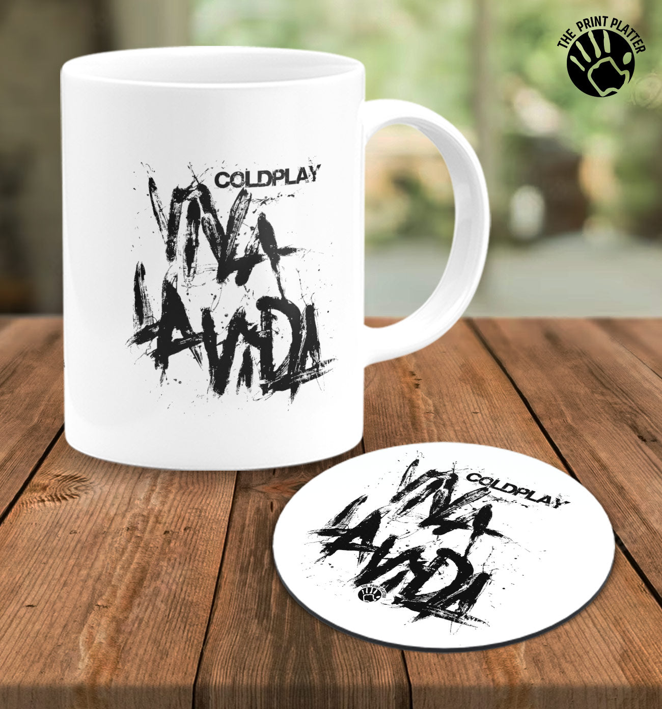 Coldplay White Cermic Coffee Mug With Tea Coster 330 ml, Microwave & Dishwasher Safe| TM-R138