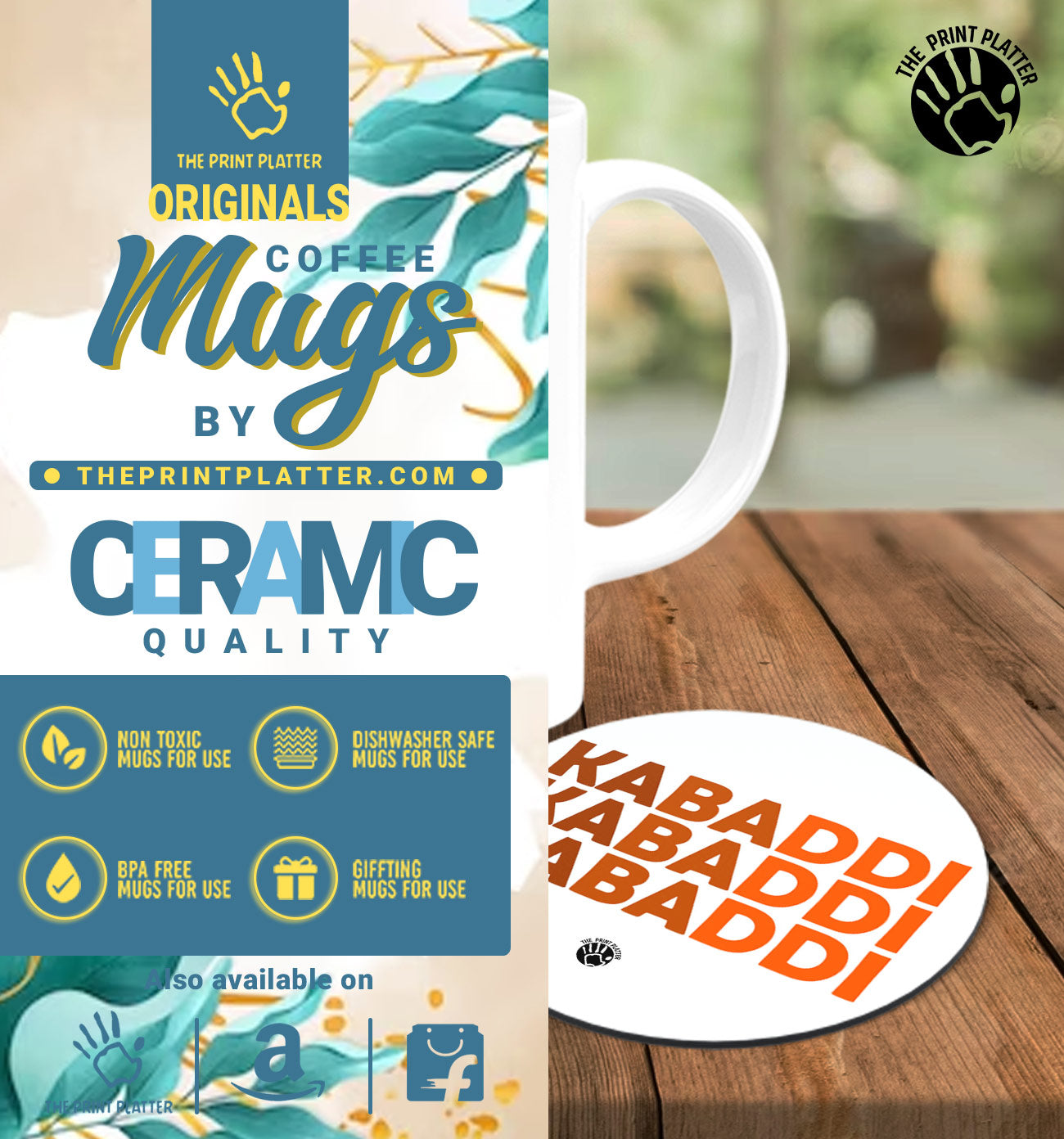 Kabaddi White Cermic Coffee Mug With Tea Coster 330 ml, Microwave & Dishwasher Safe| TM-R148