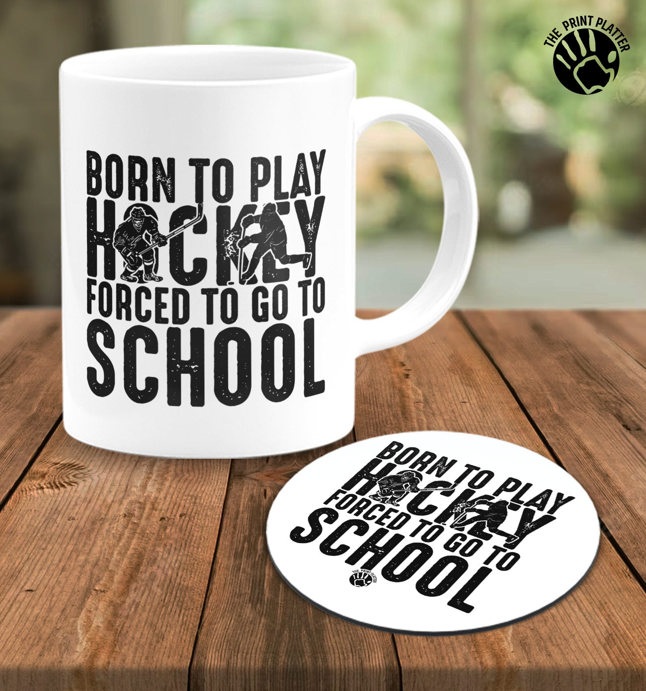 Born to Play Hockey Forced to Go to School White Cermic Coffee Mug With Tea Coster 330 ml, Microwave & Dishwasher Safe| TM-R149