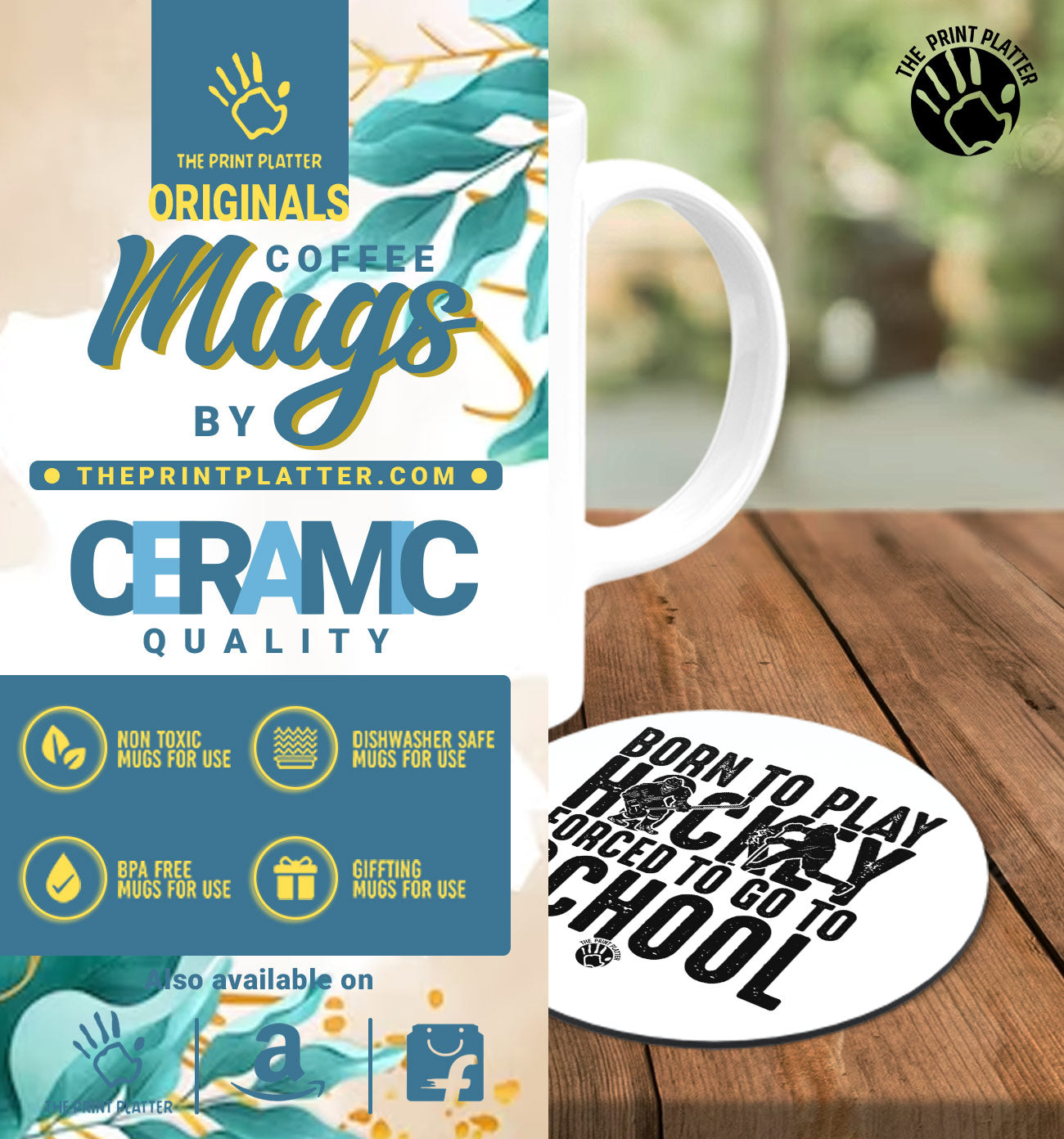 Born to Play Hockey Forced to Go to School White Cermic Coffee Mug With Tea Coster 330 ml, Microwave & Dishwasher Safe| TM-R149