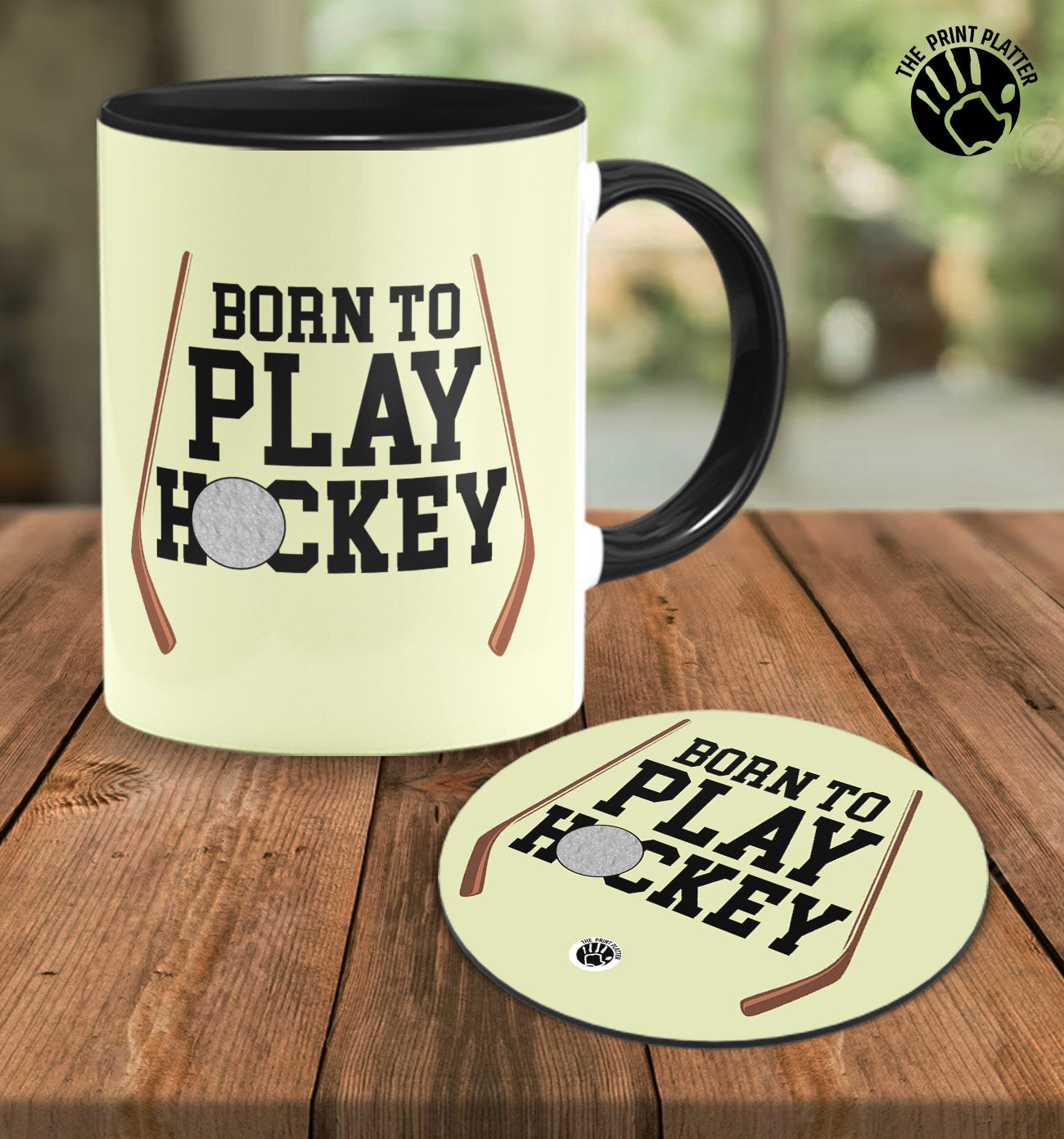 Born to Play Hockey Inside Black Cermic Coffee Mug With Tea Coster 330 ml, Microwave & Dishwasher Safe| TM-R150