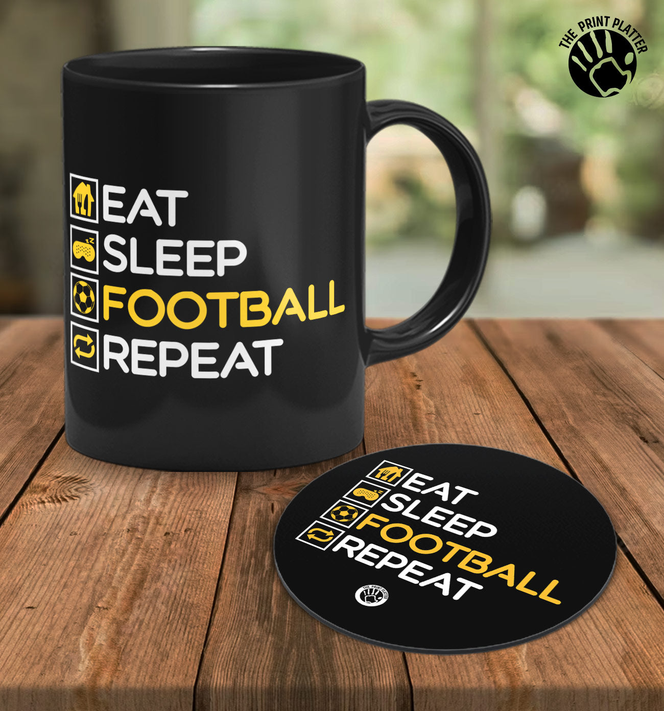 Eat Sleep Football Repeat Full Black Cermic Coffee Mug With Tea Coster 330 ml, Microwave & Dishwasher Safe| TM-R154