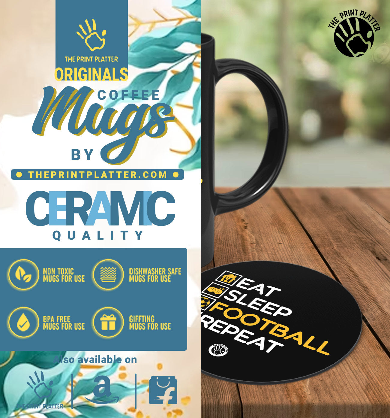 Eat Sleep Football Repeat Full Black Cermic Coffee Mug With Tea Coster 330 ml, Microwave & Dishwasher Safe| TM-R154