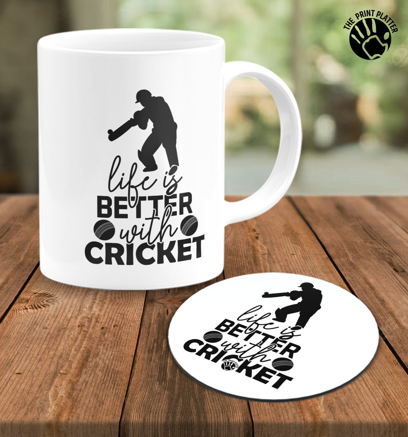 Life is Better With Cricket White Cermic Coffee Mug With Tea Coster 330 ml, Microwave & Dishwasher Safe| TM-R159