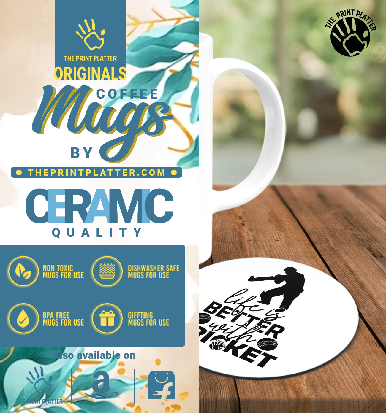 Life is Better With Cricket White Cermic Coffee Mug With Tea Coster 330 ml, Microwave & Dishwasher Safe| TM-R159