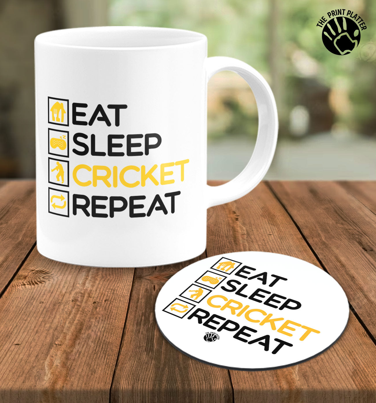 Eat Sleep Cricket Repeat White Cermic Coffee Mug With Tea Coster 330 ml, Microwave & Dishwasher Safe| TM-R162