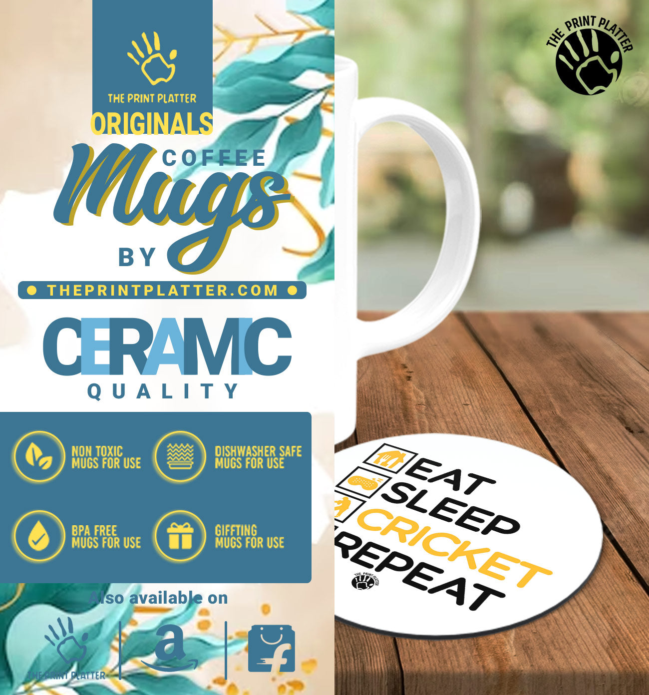 Eat Sleep Cricket Repeat White Cermic Coffee Mug With Tea Coster 330 ml, Microwave & Dishwasher Safe| TM-R162