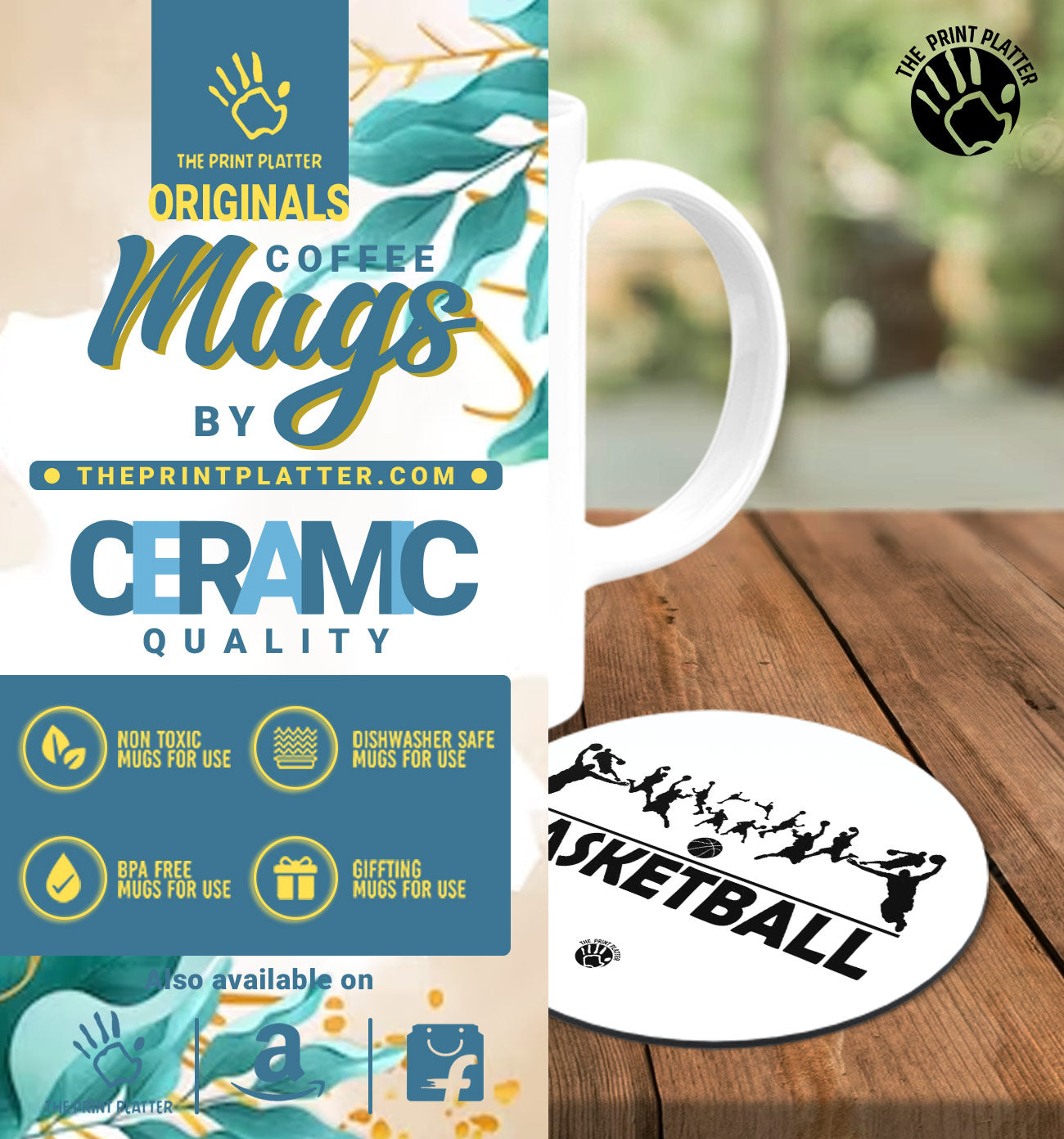 Basketball White Cermic Coffee Mug With Tea Coster 330 ml, Microwave & Dishwasher Safe| TM-R166