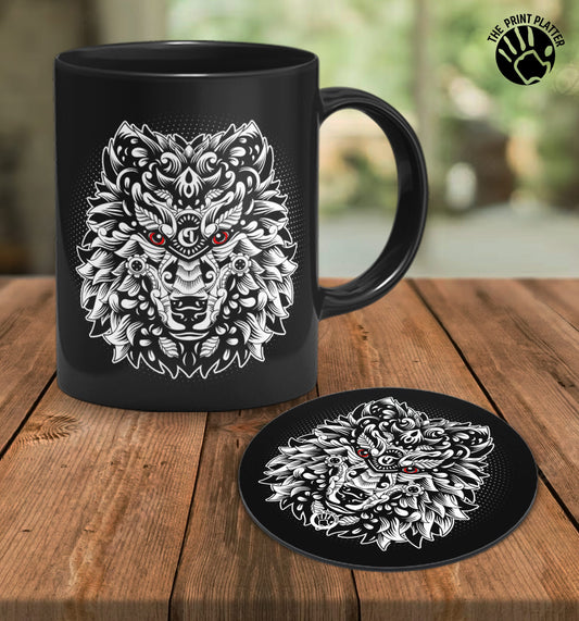 Wolf Head Full Black Cermic Coffee Mug With Tea Coster 330 ml, Microwave & Dishwasher Safe| TM-R184