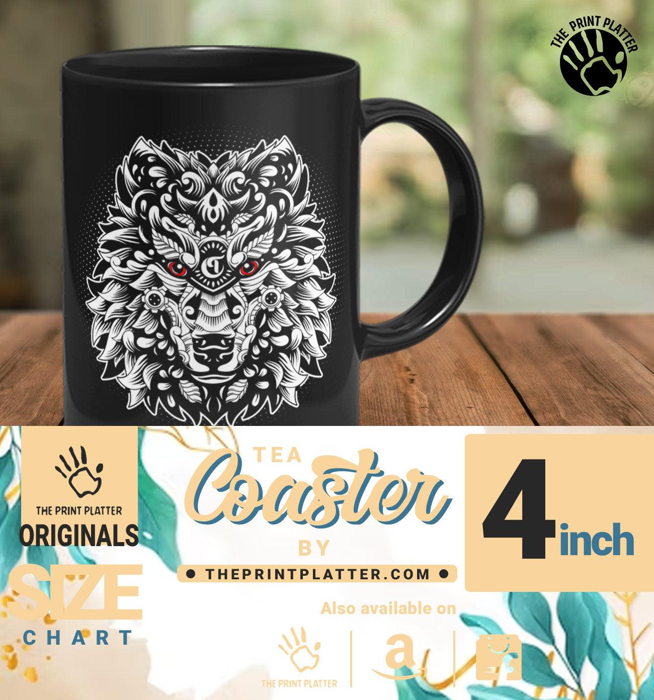 Wolf Head Full Black Cermic Coffee Mug With Tea Coster 330 ml, Microwave & Dishwasher Safe| TM-R184