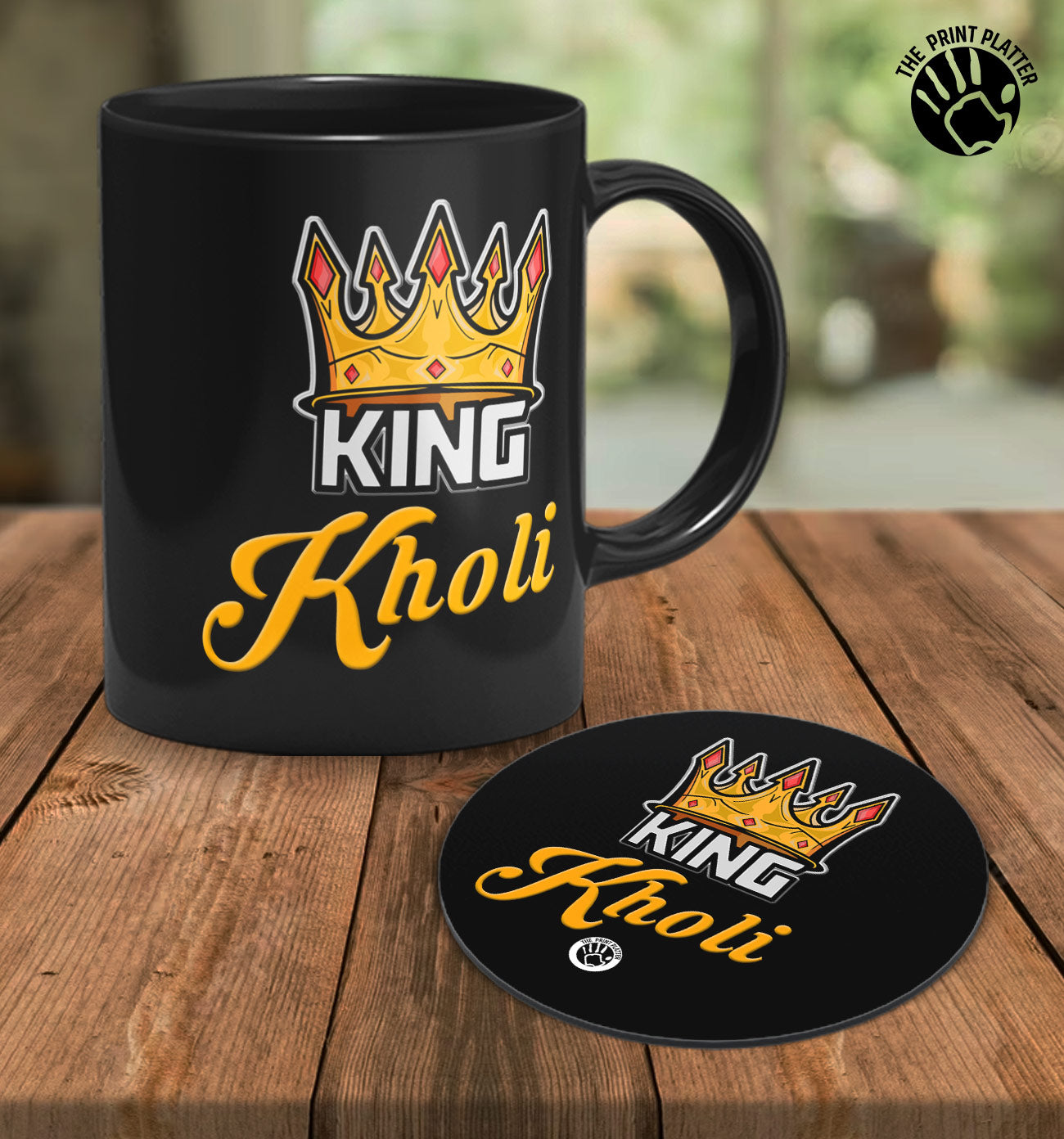 King Kohli Full Black Cermic Coffee Mug With Tea Coster 330 ml, Microwave & Dishwasher Safe| TM-R185