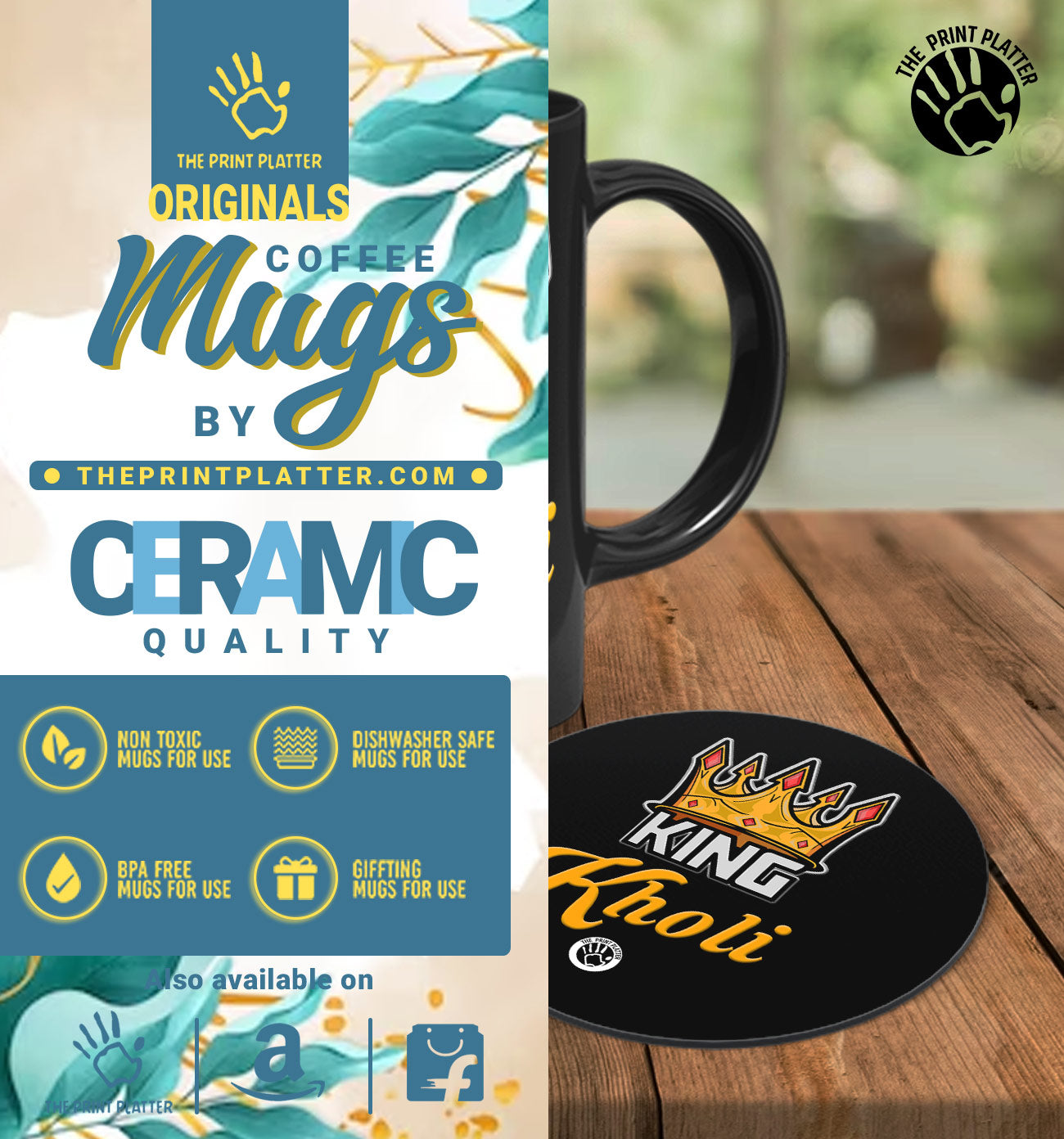 King Kohli Full Black Cermic Coffee Mug With Tea Coster 330 ml, Microwave & Dishwasher Safe| TM-R185