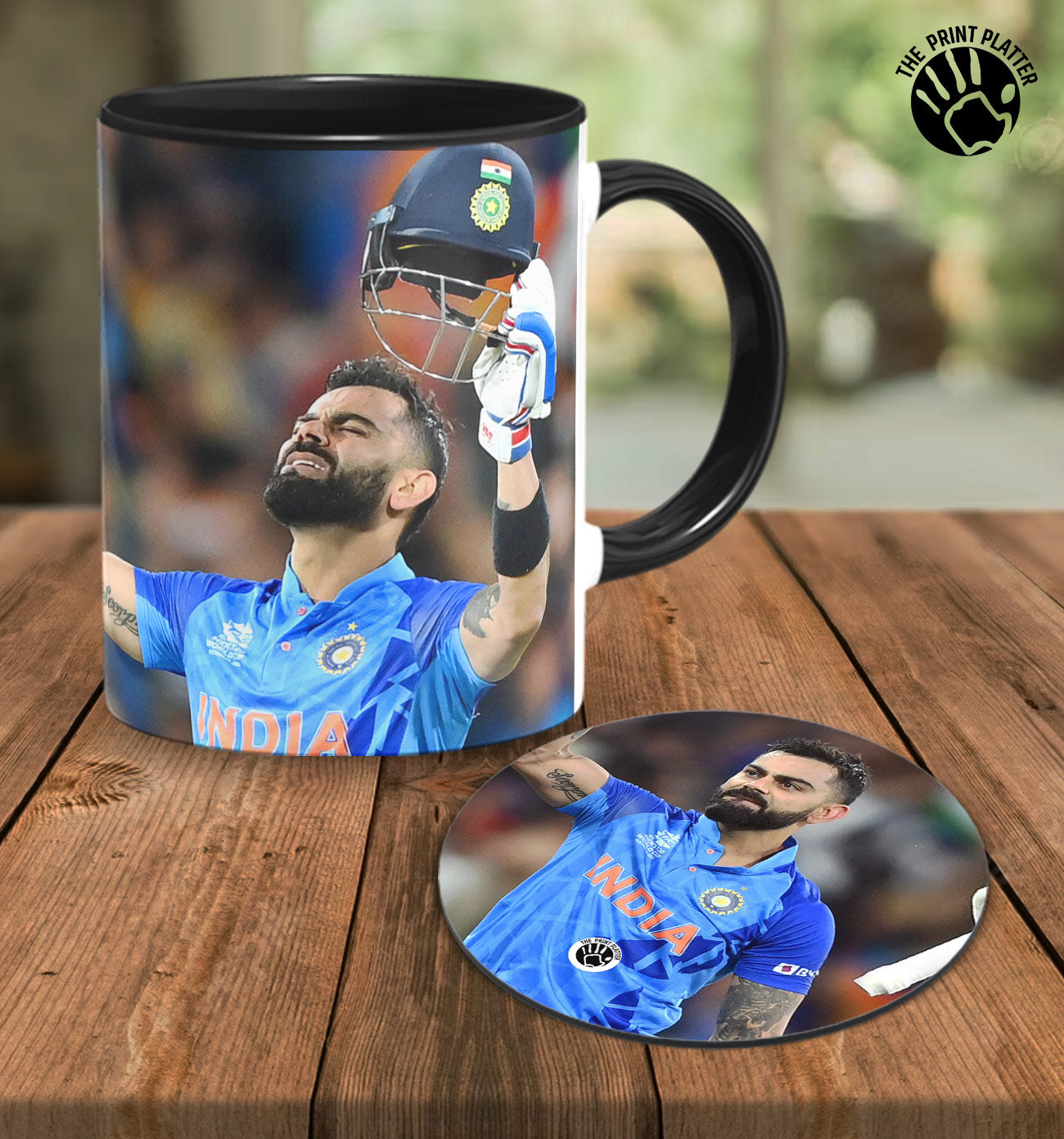 King Kohli Inside Black Cermic Coffee Mug With Tea Coster 330 ml, Microwave & Dishwasher Safe| TM-R186