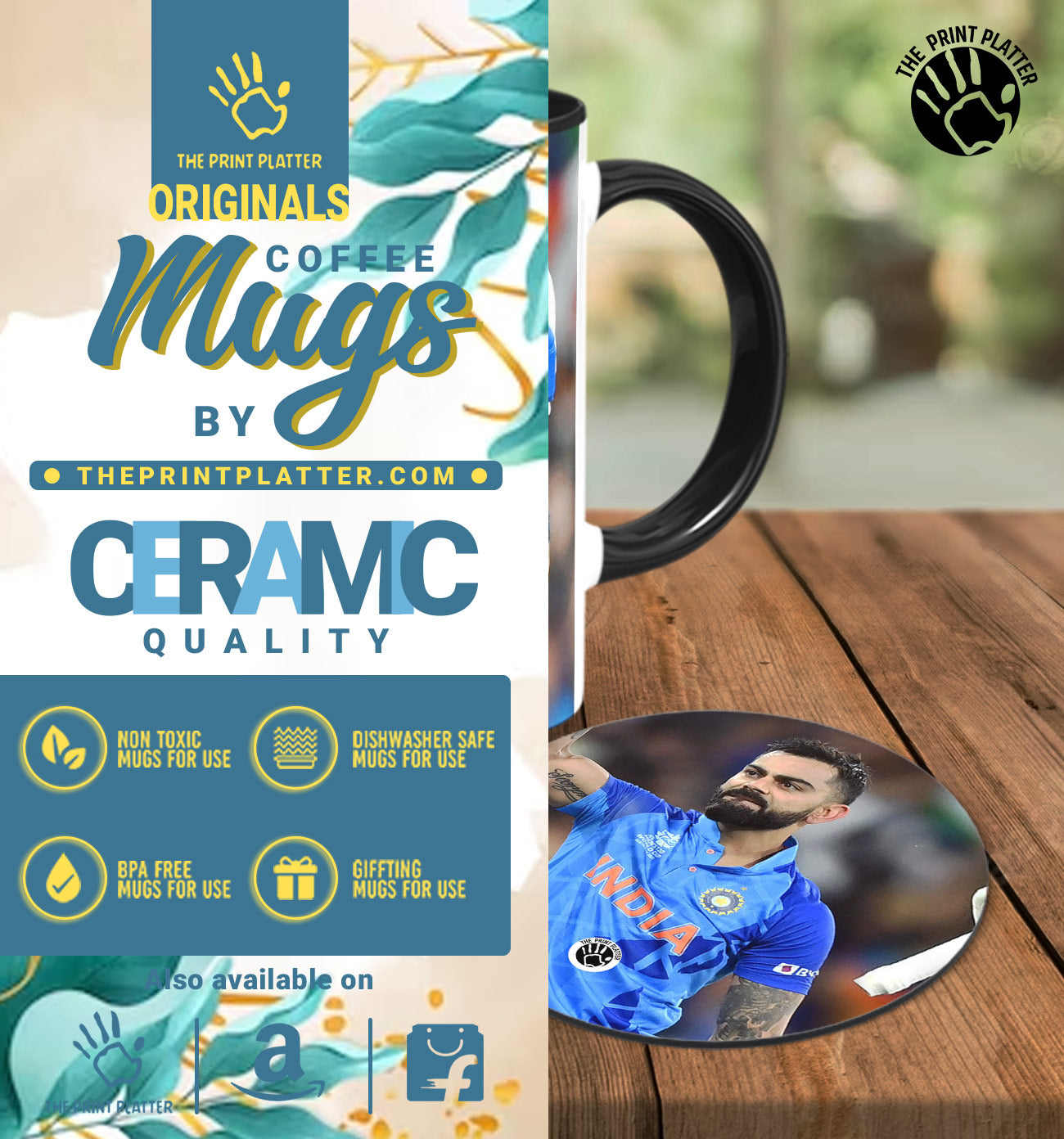 King Kohli Inside Black Cermic Coffee Mug With Tea Coster 330 ml, Microwave & Dishwasher Safe| TM-R186