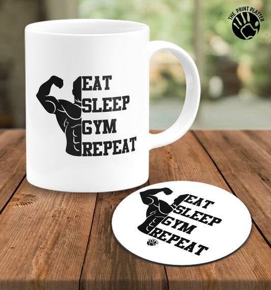 Eat Sleep Gym Repeat White Cermic Coffee Mug With Tea Coster 330 ml, Microwave & Dishwasher Safe| TM-R20