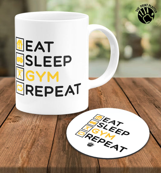 Eat Sleep Gym Repeat White Cermic Coffee Mug With Tea Coster 330 ml, Microwave & Dishwasher Safe| TM-R21