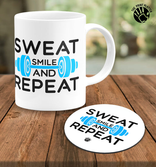 Sweat Smile And Repeat White Cermic Coffee Mug With Tea Coster 330 ml, Microwave & Dishwasher Safe| TM-R22