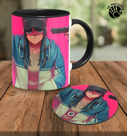 Anime Girl Gun Point Inside Black Cermic Coffee Mug With Tea Coster 330 ml, Microwave & Dishwasher Safe| TM-R230