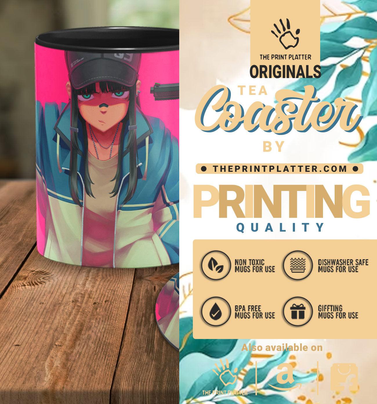 Anime Girl Gun Point Inside Black Cermic Coffee Mug With Tea Coster 330 ml, Microwave & Dishwasher Safe| TM-R230