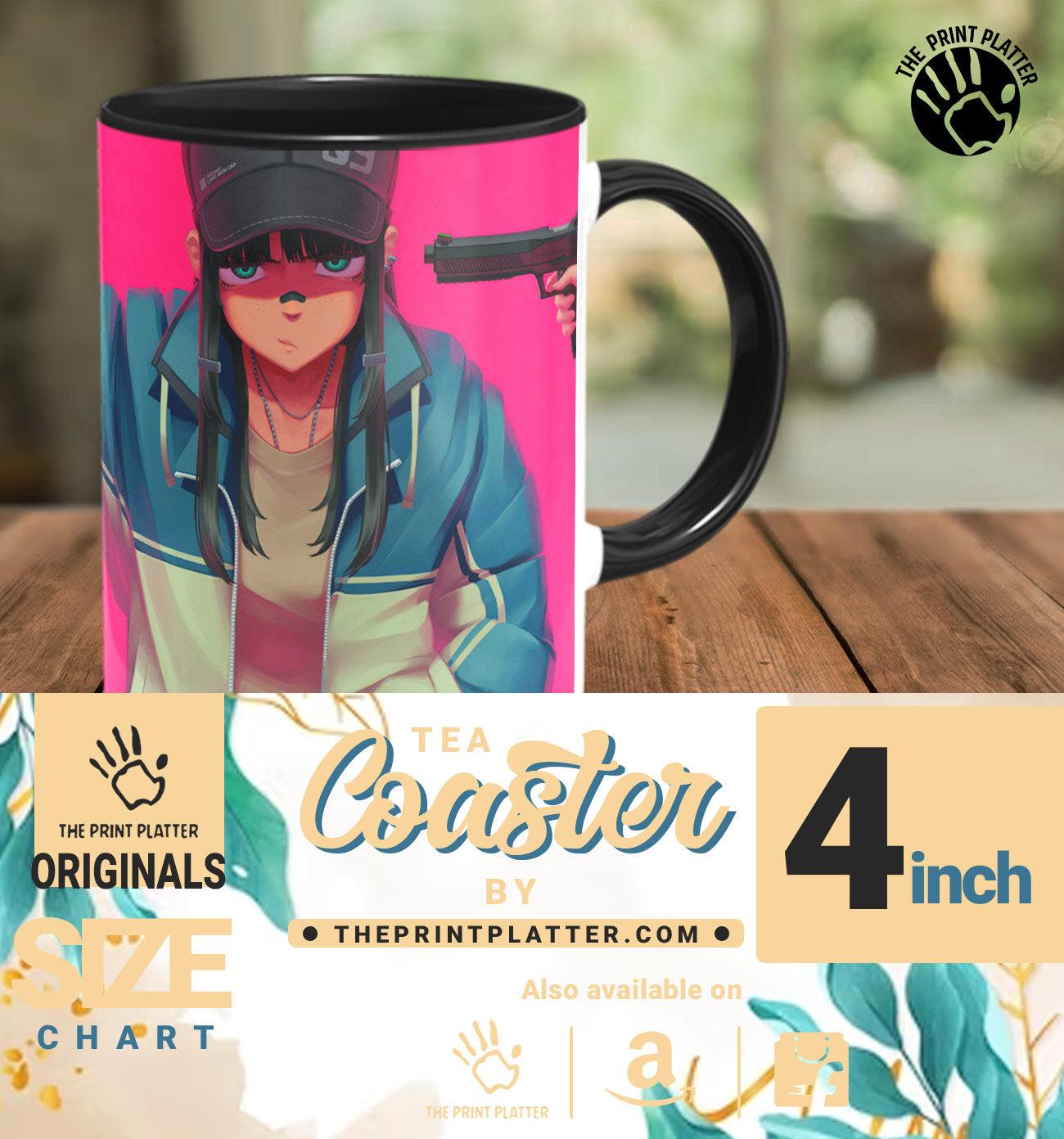 Anime Girl Gun Point Inside Black Cermic Coffee Mug With Tea Coster 330 ml, Microwave & Dishwasher Safe| TM-R230