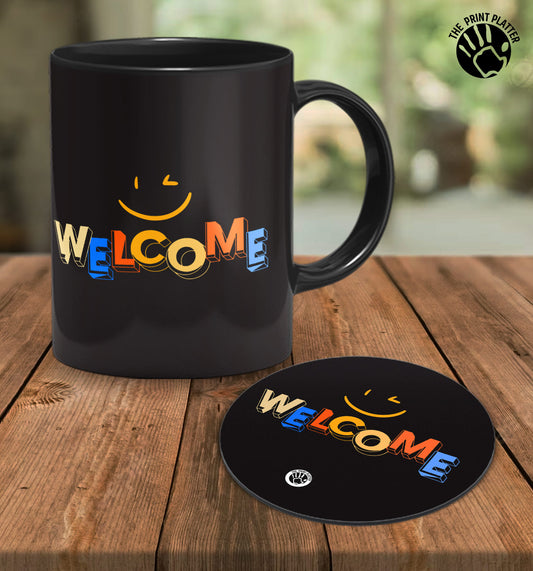 Welcome full Black Cermic Coffee Mug With Tea Coster 330 ml, Microwave & Dishwasher Safe| TM-R244