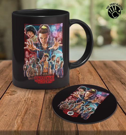 Stranger Things Full Black Cermic Coffee Mug With Tea Coster 330 ml, Microwave & Dishwasher Safe| TM-R271
