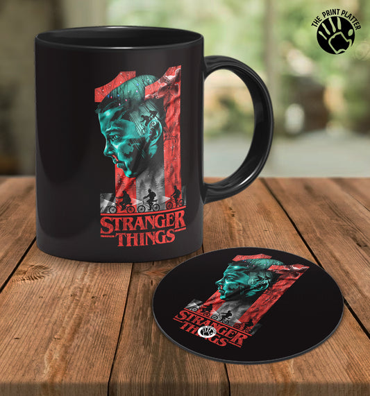 Stranger Things Full Black Cermic Coffee Mug With Tea Coster 330 ml, Microwave & Dishwasher Safe| TM-R274