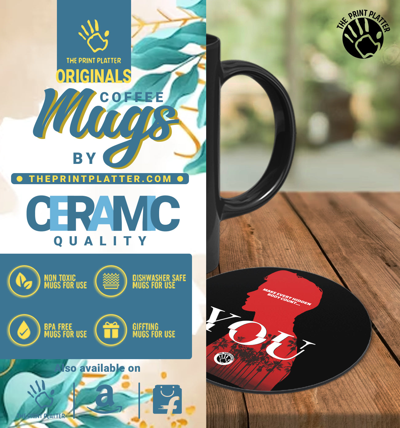 You Full Black Cermic Coffee Mug With Tea Coster 330 ml, Microwave & Dishwasher Safe| TM-R276